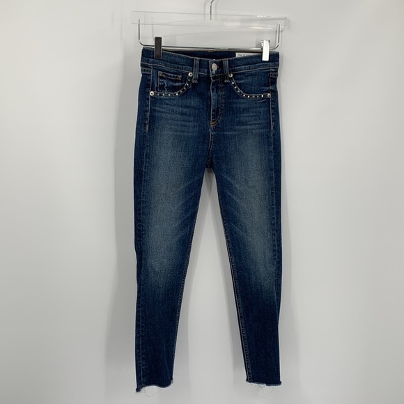 Rag & Bone 10" capri jeans Cadiz stud cropped denim blue raw frayed hem women 26 - Picture 1 of 6